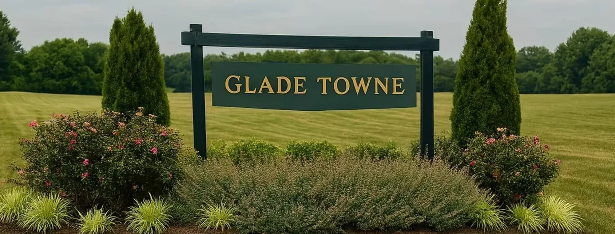 The Glade Towne sign in a planted bed at the edge of a mowed field